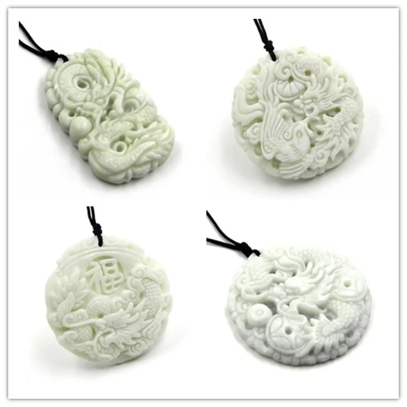 Necklaces - Natural White jade Dragon Phoenix Pendant