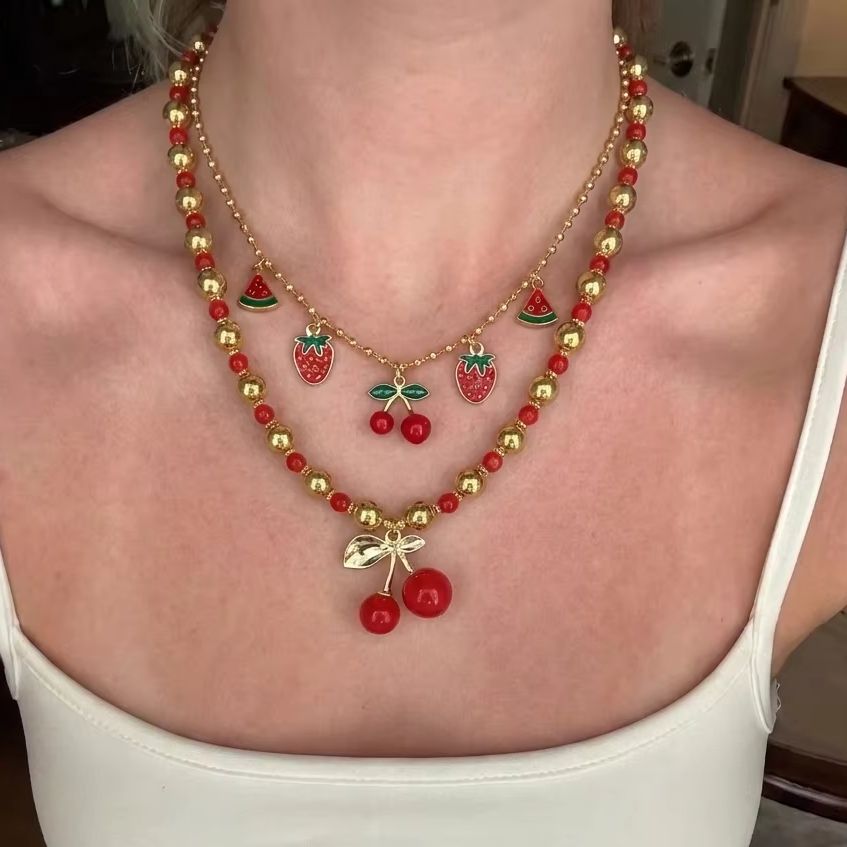 Sweet Red Cherry Strawberry He - Layered Pendant Necklace Aesthetic review and price