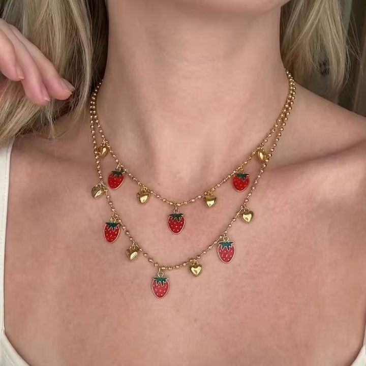 Sweet Red Cherry Strawberry He - Layered Pendant Necklace Aesthetic review and price